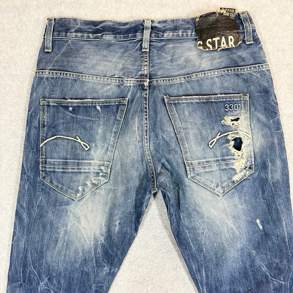 G-Star Raw 3301 Morris Tapered Mens Jeans 32x32 Distressed Thrash Aged Italy - Picture 5 of 10